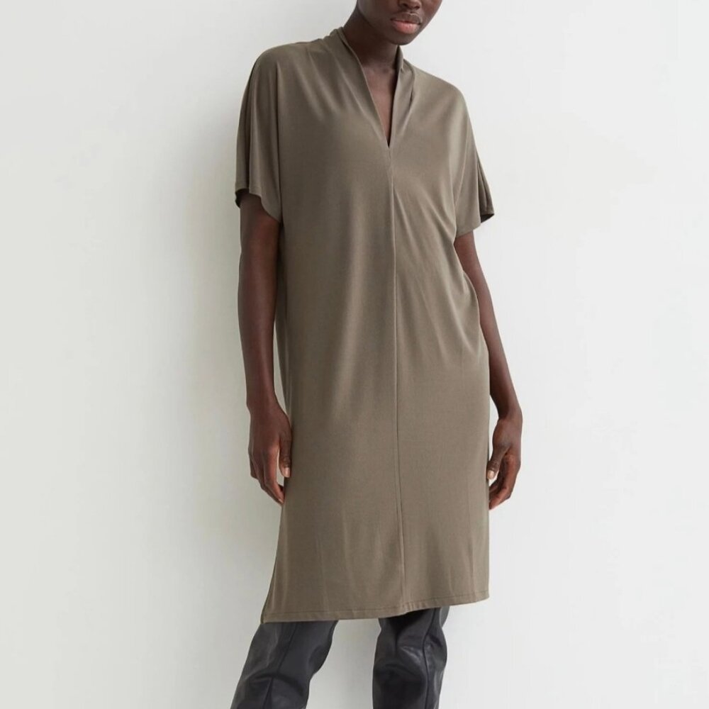 H&M Women’s Khaki Green Dolman Sleeve V-Neck Midi Shift Dress - XS